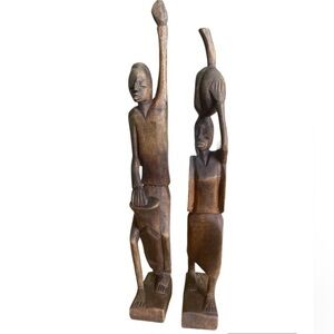 Vintage African Wooden Figurines Hand Carved Wood Sculptures Woman & Man 13”